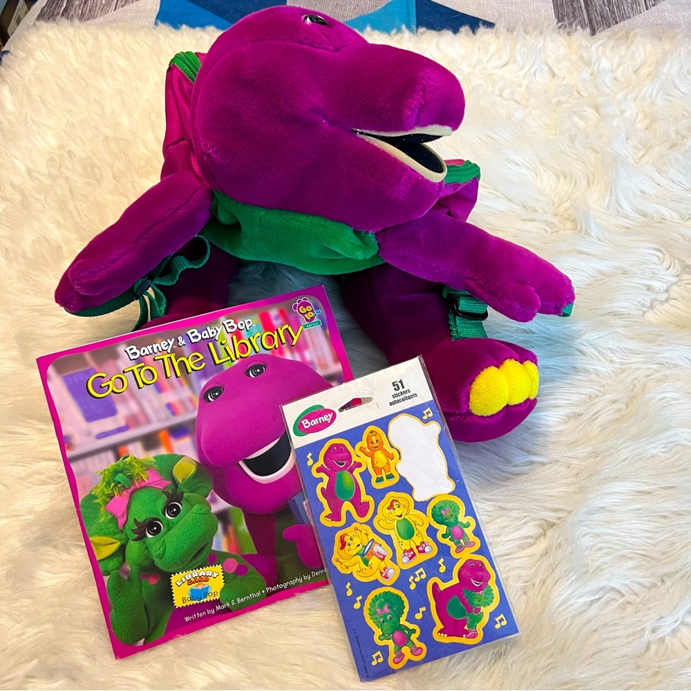 Vintage Barney the Purple Dinosaur Mini Plush Backpack Book & Stickers Preowned